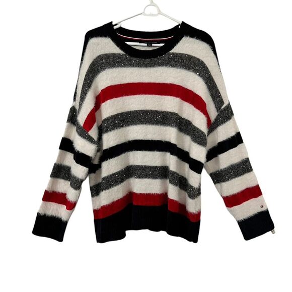 Tommy Hilfiger Striped Crew Neck Sweater Womens size Large. Sequin accen… - Picture 1 of 9